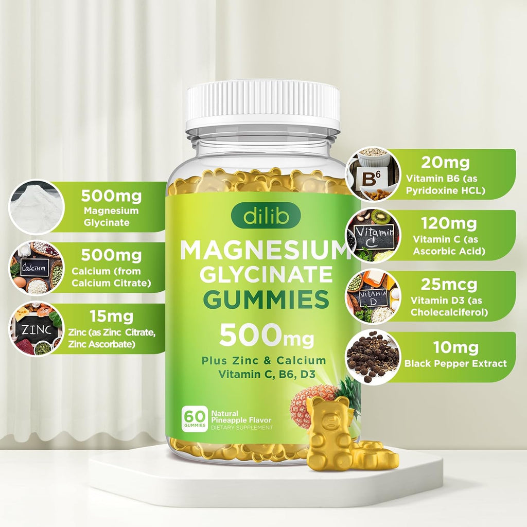 Magnesium Glycinate Gummies 500mg Magnesium Supplement with Calcium, Zinc, Vitamin C, B6, D3-Calm Chewable Gummies for Kids & Adults-Sleep, Mood & Muscle Support-Pineapple Flavor, 60 Gummies
