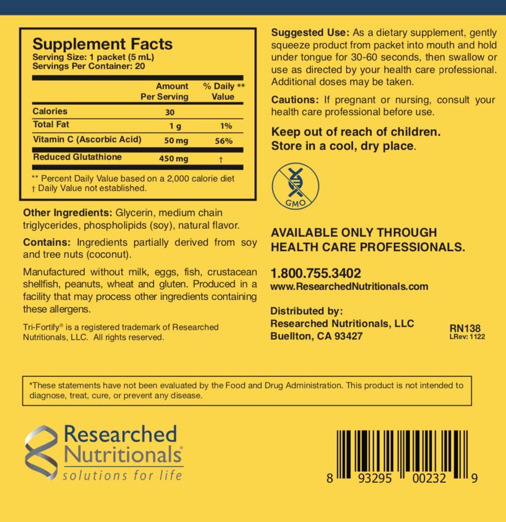 Researched Nutritionals Liposomal Glutathione (450mg) Liquid Gel + Vitamin C - Tri-Fortify - Aid Natural Energy, Immune Support & Detox - Clinically Researched for Absorption, Orange (20 Packets)