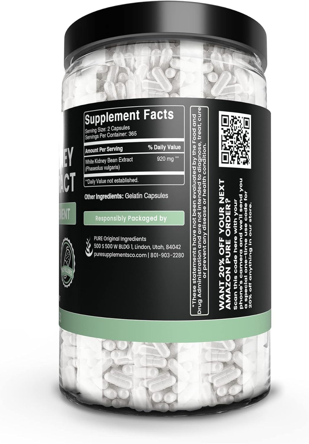 PURE ORIGINAL INGREDIENTS White Kidney Bean Extract (730 Capsules) No Magnesium Or Rice Fillers, Always Pure, Lab Verified