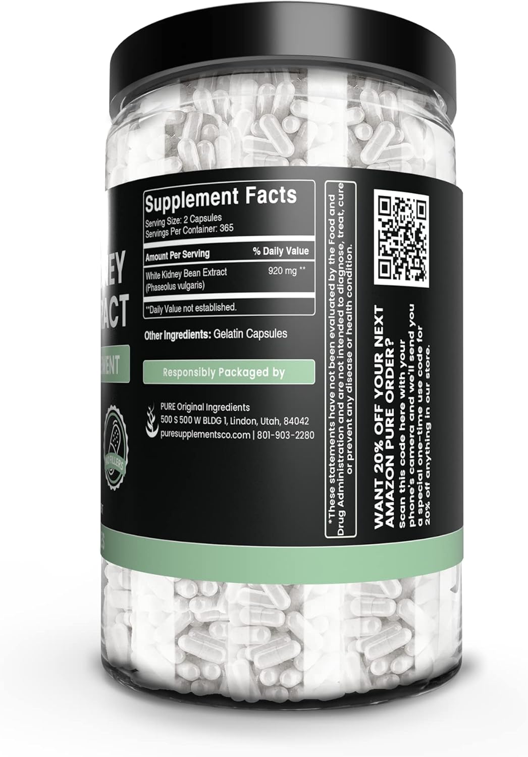 PURE ORIGINAL INGREDIENTS White Kidney Bean Extract (730 Capsules) No Magnesium Or Rice Fillers, Always Pure, Lab Verified