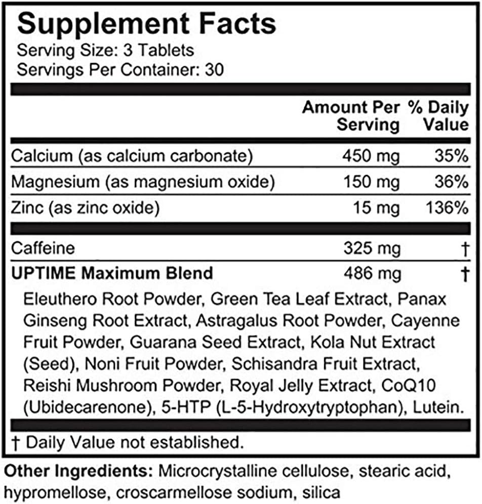 UPTIME Maximum Energy Tablets - Premium Blend - 325mg Natural Caffeine per Serving, Calcium, Magnesium, Zinc, CoQ10, 5-HTP, Zero Calories