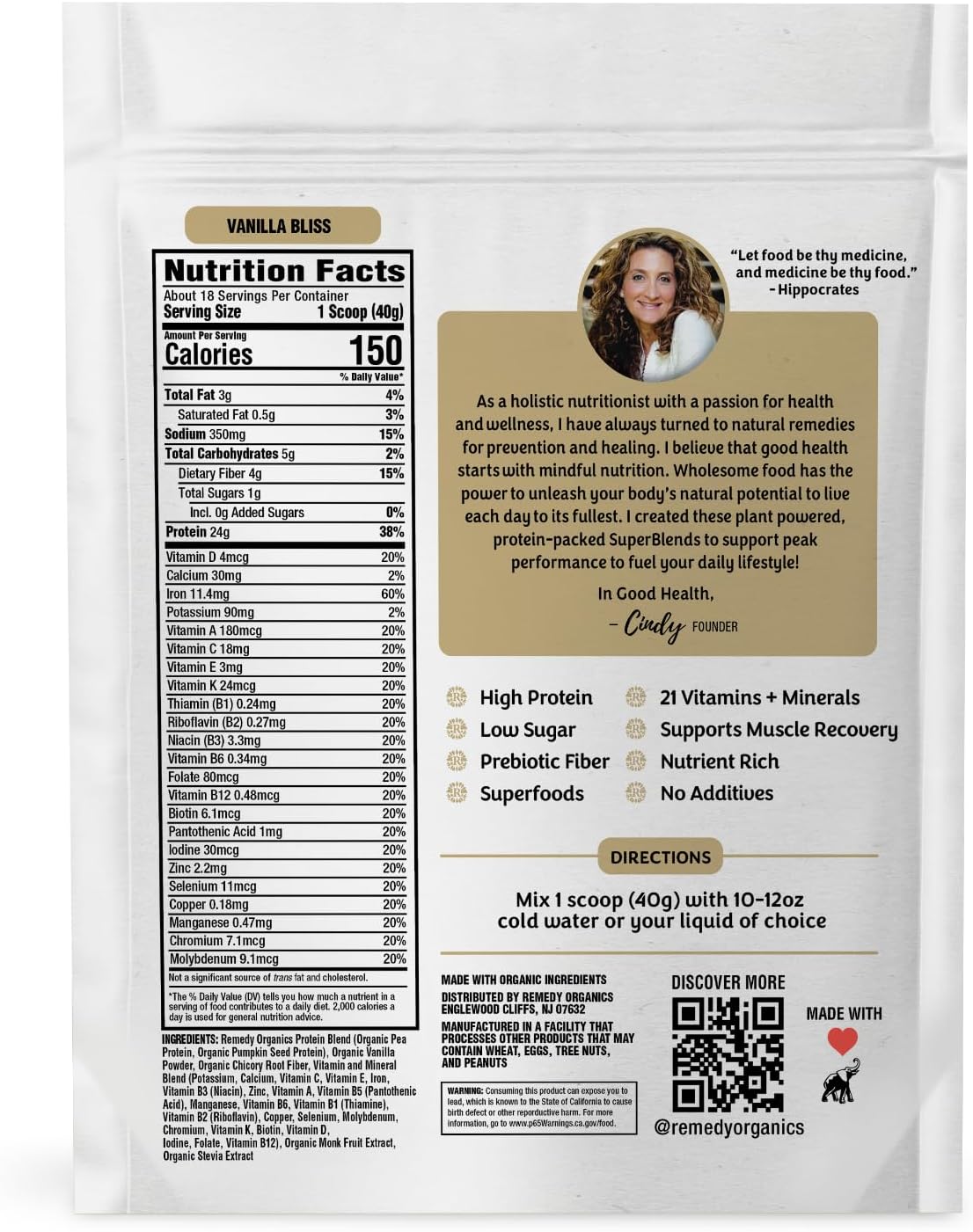 Remedy Organics Plant Based Protein Powder - Vanilla Bliss - 24g Non-GMO Protein, 4g Fiber, 1g Sugar, 21 Essential Vitamins & Minerals, Pre & Post Workout, No Seed Oils, Dairy-Free, Gluten-Free