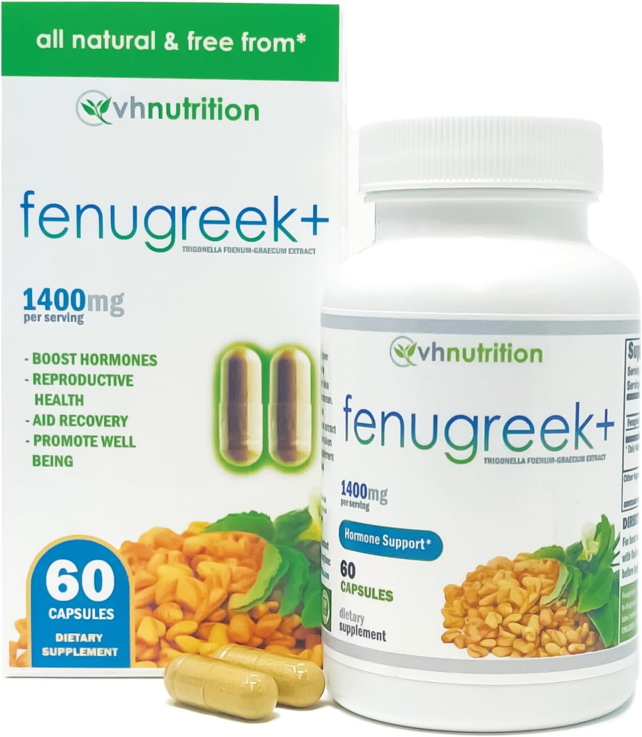 VH Nutrition Fenugreek+ | 1400mg Extra Strength Fenugreek Capsules | Hormonal Balance and Energy Support Supplement for Men & Women | 60 Gluten-Free Capsules