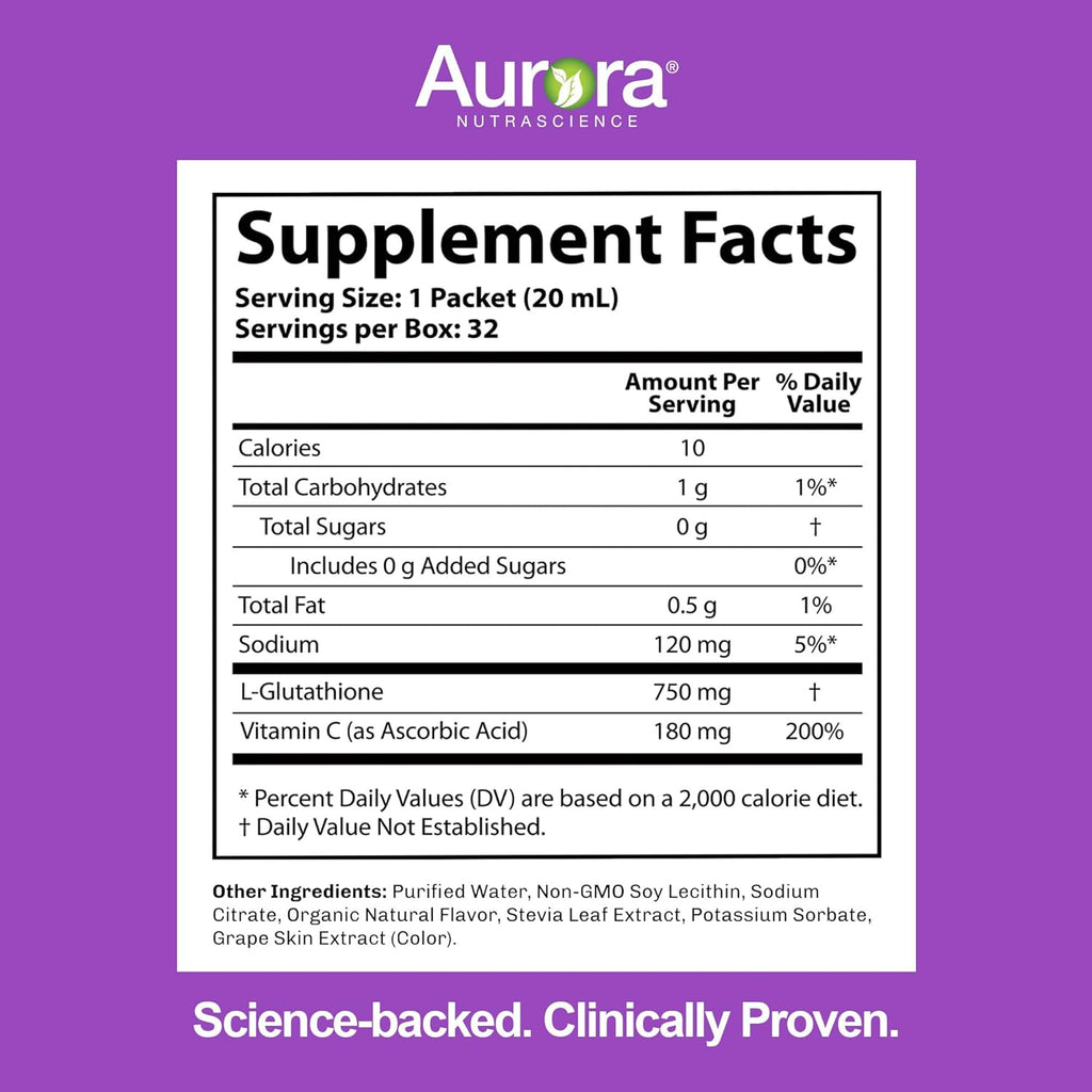 Aurora Nutrascience Mega-Liposomal Liquid Glutathione, Immune & Antioxidant Gut Health Support Supplement, 750 mg per Serving, Non-GMO, Sugar-Free, 10 Single Serve Packets