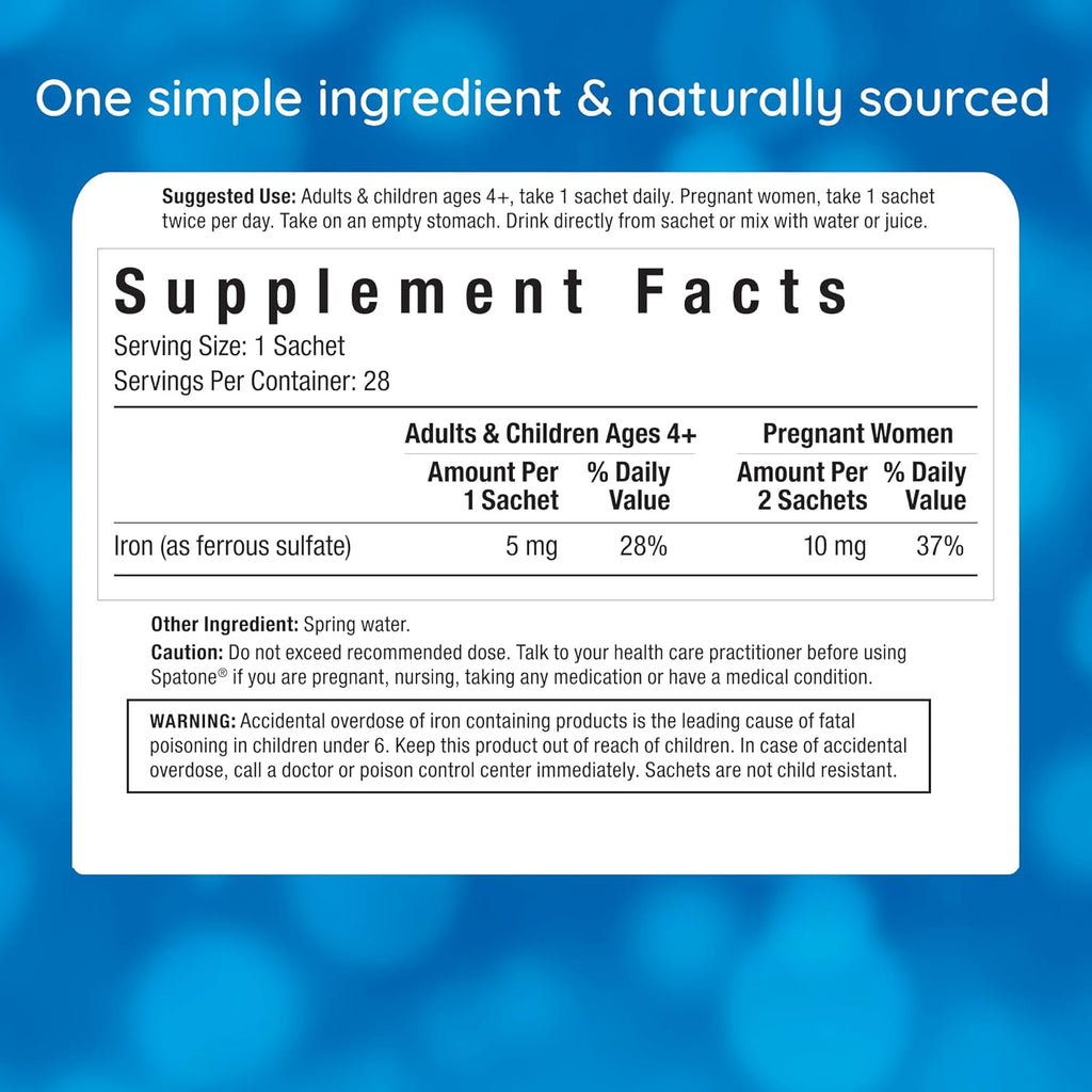 Spatone Natural Liquid Iron Supplement for Women - Men & Kids Ages 4+ - Ideal During Pregnancy - Easily Absorbed & Gentle - Vegan - Vegetarian - Original Flavor - 28-Day - 5mg of Iron Per 20mL Sachet