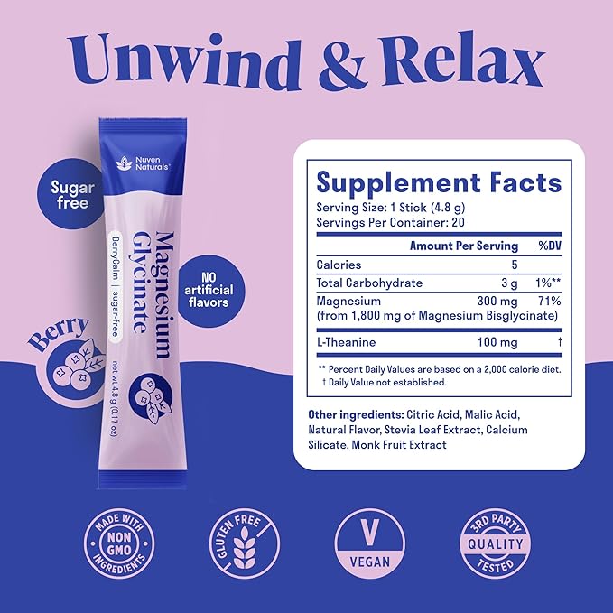 Magnesium Glycinate Powder + L-Theanine | 20 Sticks/Servings | 300 mg p/Stick High Absorption Chelated Magnesium Powder for Sleep - Mixed Berry Flavor, No Sugar, Support Restful Sleep & Relaxation