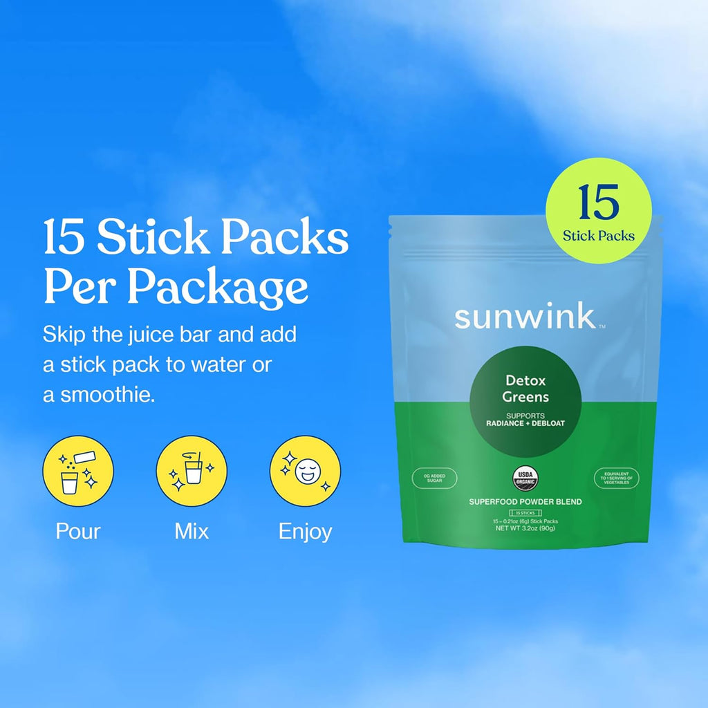 Sunwink Detox Powdered Greens - Organic Greens SuperFood Powder for Debloat - Super Greens Powder w/Celery, Dandelion, Spirulina - Daily Greens Powder for Gentle Detox (6g Each, Pack of 15)