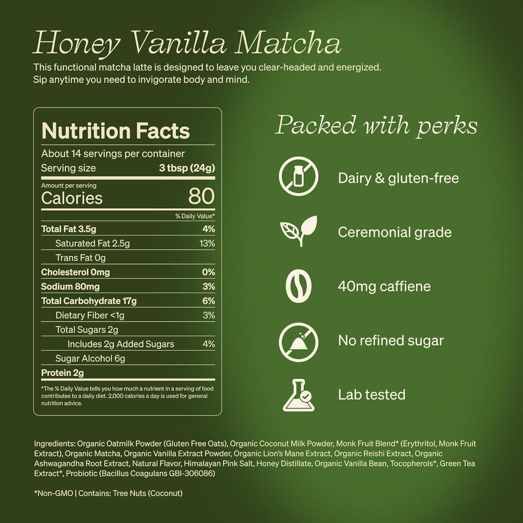 Clevr Blends Organic Honey Vanilla Matcha SuperLatte, Instant Ceremonial Grade, Superfood Powder Blend, Oat Milk, Lions Mane, Reishi Mushroom, Coconut Cream, Ashwagandha, Serve Hot or Iced (14 Lattes)