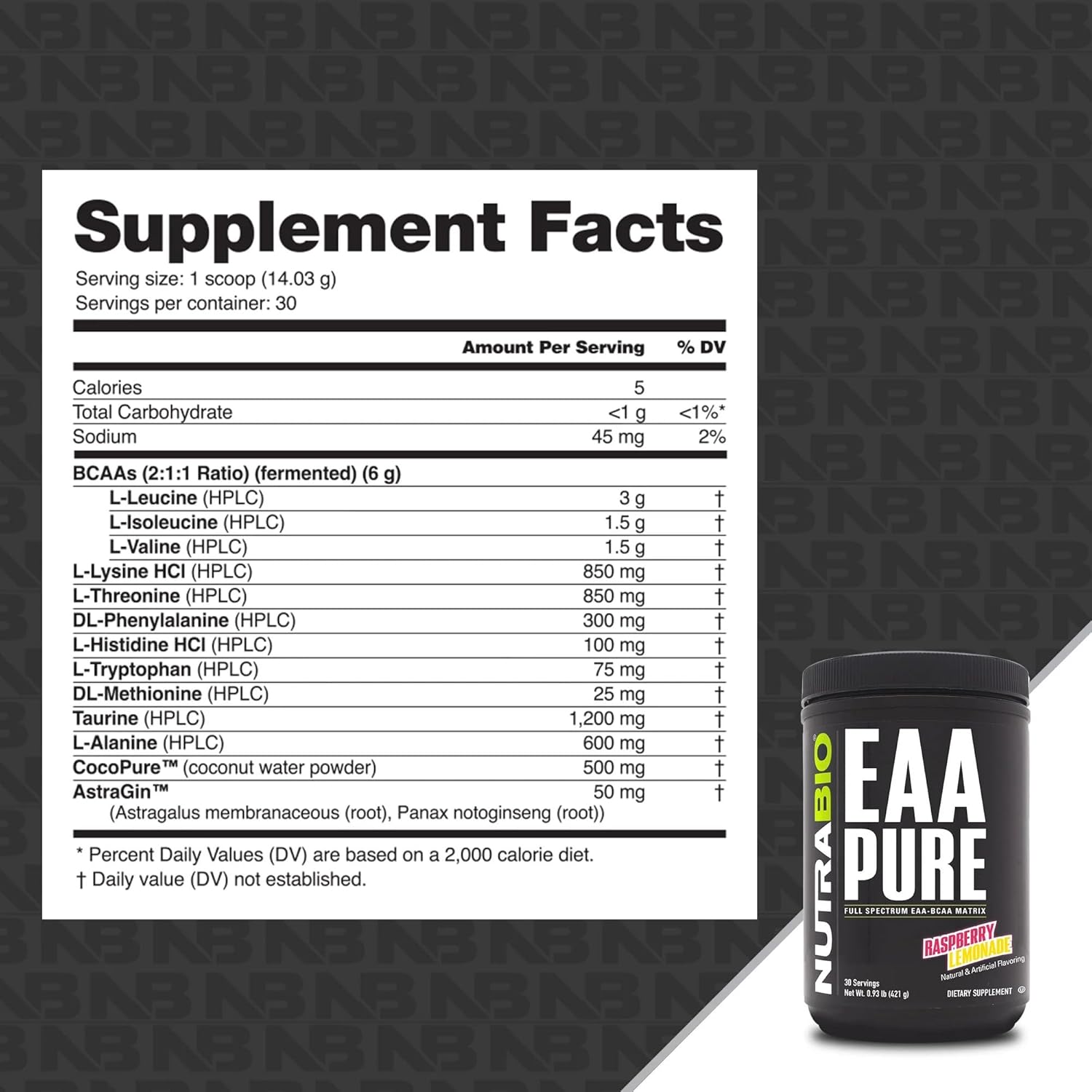 NutraBio – EAA Pure – 9 Amino Acids – Muscle Repair and Recovery, 30 Servings, Raspberry Lemonade – Pre or Post Workout – All Day Recovery