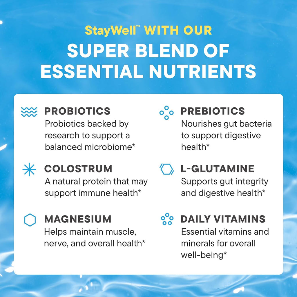 Nouri Daily StayWell Digestive & Immunity Drink Mix | Gut Health, Digestion & Bloating Relief | Probiotics, Prebiotics, Colostrum, L-Glutamine, Magnesium, Zinc, Vitamins | 30 Stick Packs