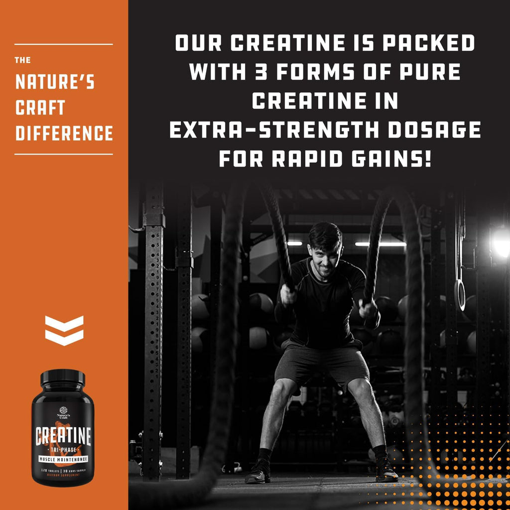 Natures Craft High Strength Tri Phase Creatine Tablets for Women & Men - Formula Blend of Creatine Monohydrate, 300mg HCL & Pyruvate Supplement - Muscle Mass Gain & Recovery Supplement - 120 Tablets