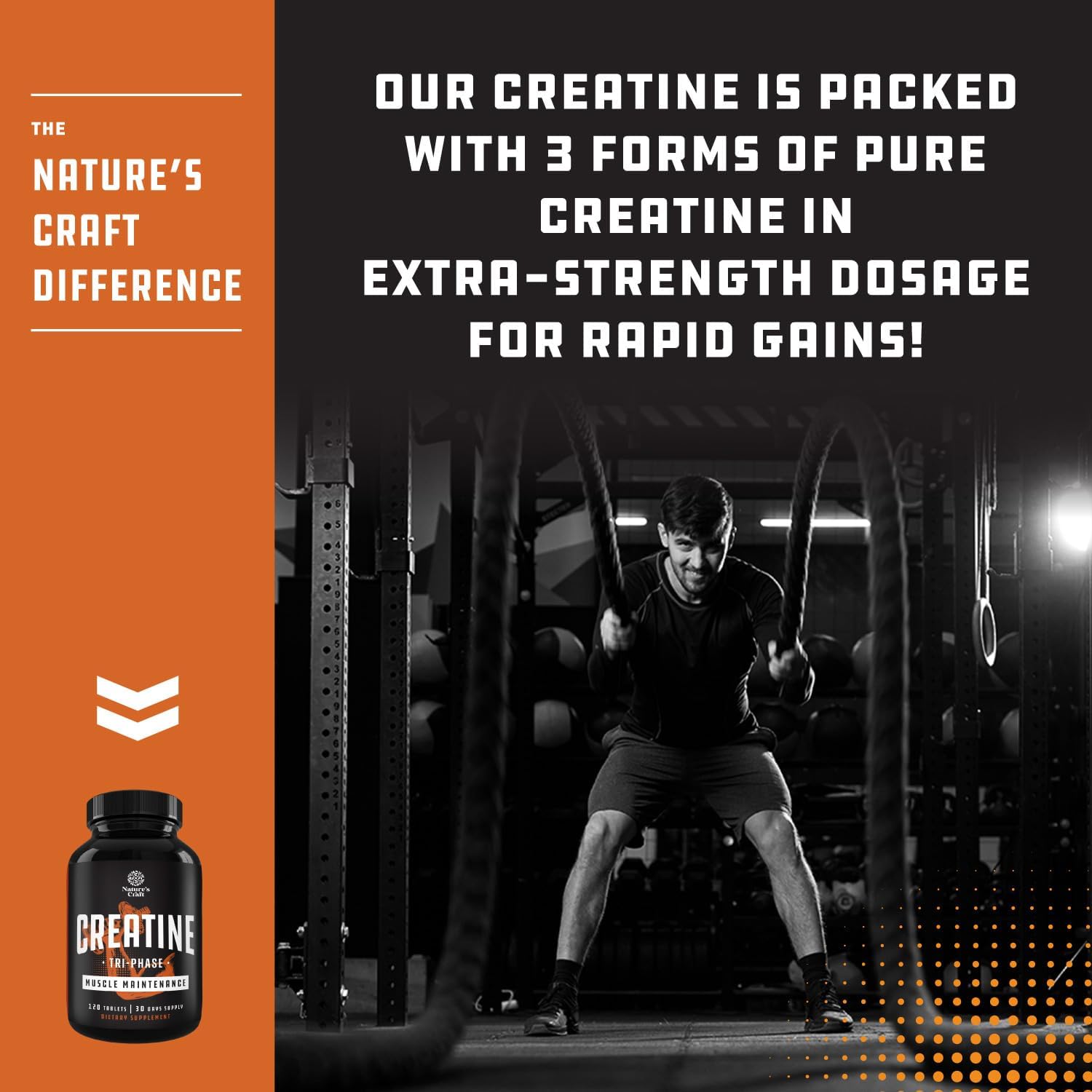 Natures Craft High Strength Tri Phase Creatine Tablets for Women & Men - Formula Blend of Creatine Monohydrate, 300mg HCL & Pyruvate Supplement - Muscle Mass Gain & Recovery Supplement - 120 Tablets