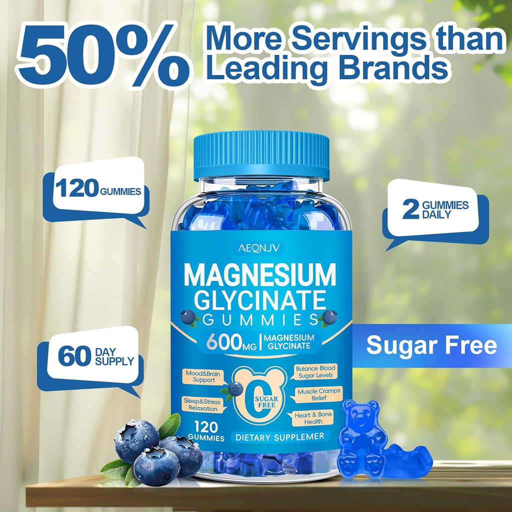 Magnesium Glycinate Gummies 600mg, Chewable Sugar Free Potassium Magnesium Gummies for Sleep, Body Support and Relaxation, Magnesium Supplements with Vitamin D, B6, and CoQ10 for Men & Women