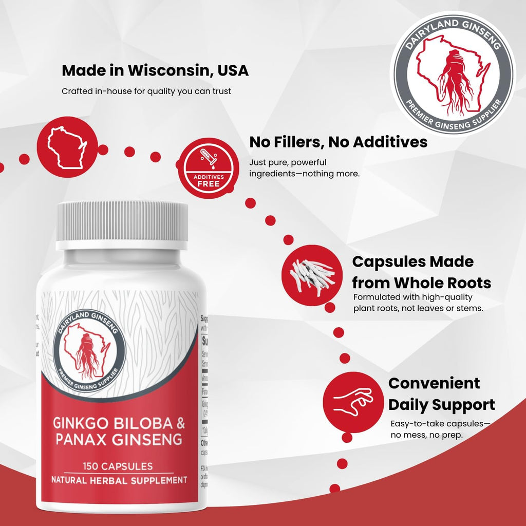 Dairyland Management Panax Ginseng + Gingko Biloba Capsules 150ct 1000 mg of Panax Ginseng, 60 mg of Gingko Biloba per Serving