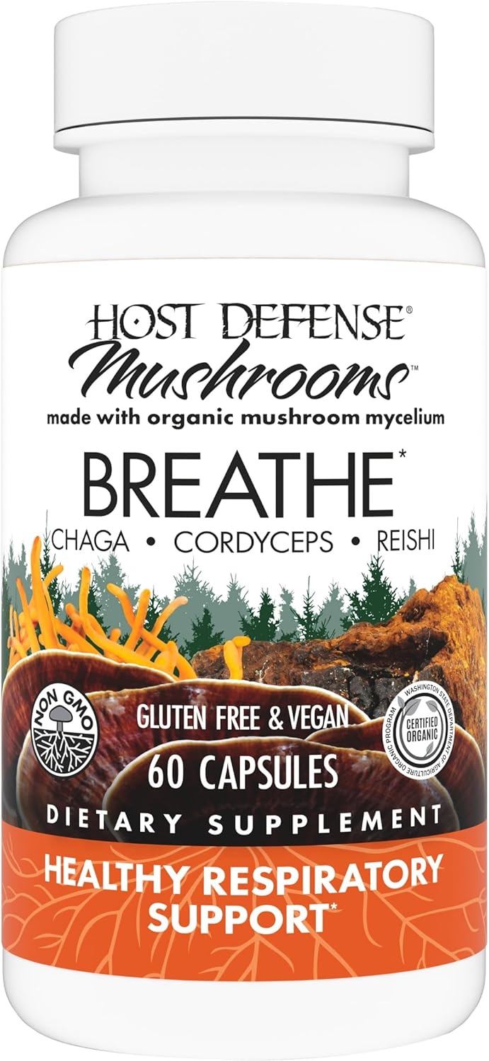 Host Defense Breathe* Capsules - Immune & Respiratory Support Mushroom Supplement - Herbal Lung Health Supplement with Chaga, Reishi & Cordyceps - 60 Capsules (30 Servings)*