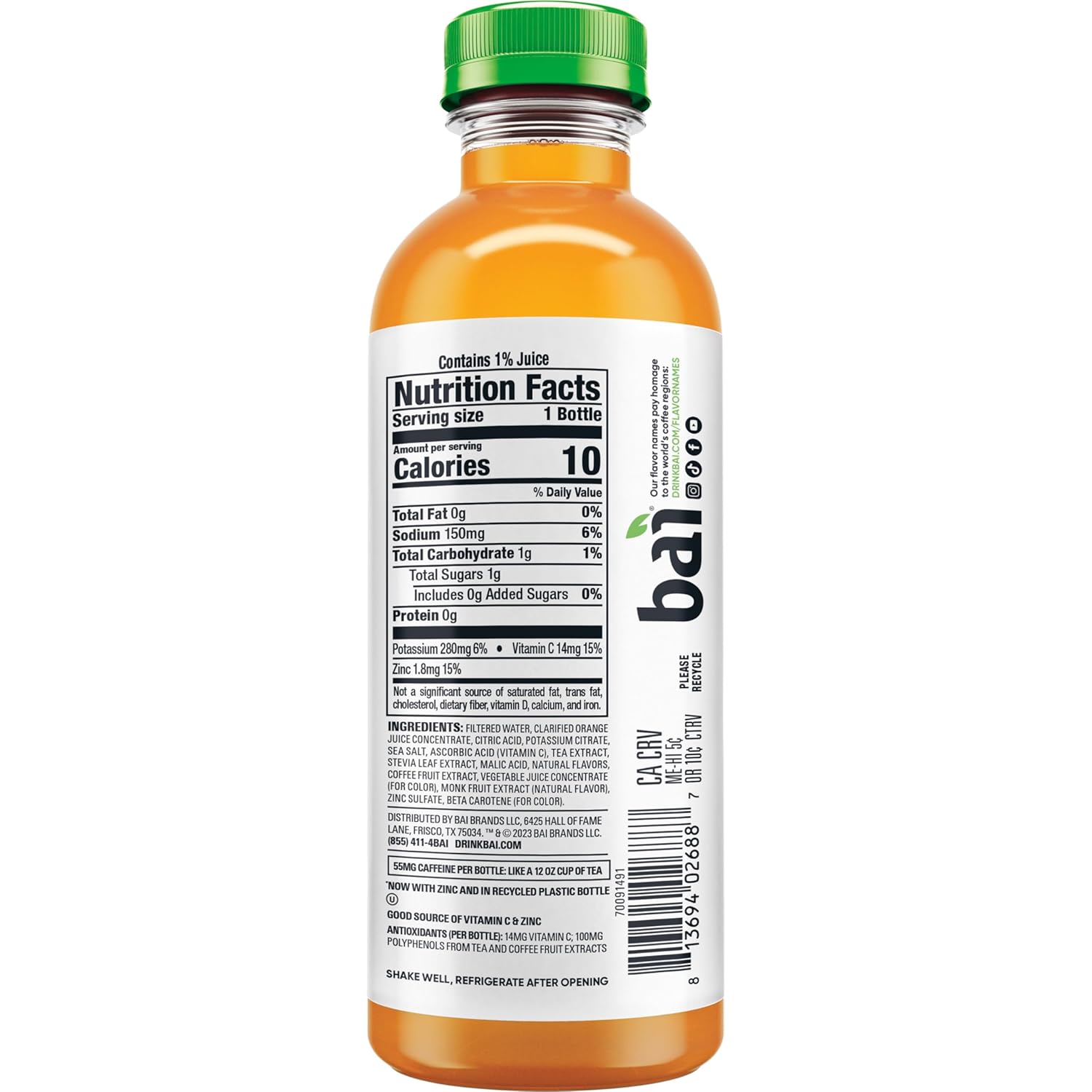Bai Antioxidant Infused Water Beverage, Costa Rica Clementine, with Vitamin C and No Artificial Sweeteners, 18 Fluid Ounce Bottle, 12 Pack