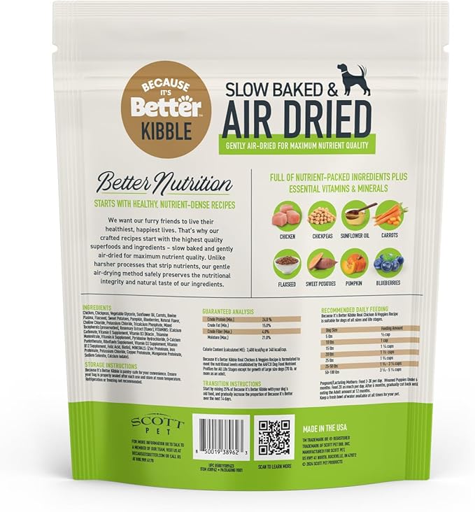 Because It's Better Slow Baked and Air Dried Dog Food, Real Chicken and Veggies, 3lb Bag, Complete and Balanced Dry Dog Food, for All Life Stages