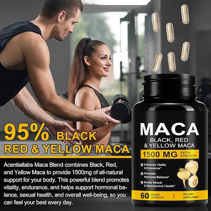 Organic Maca Root Powder Capsules 1500 mg with Black + Red + Yellow Peruvian Maca Root Extract Supplement for Men and Women - 60 Vegan Capsules