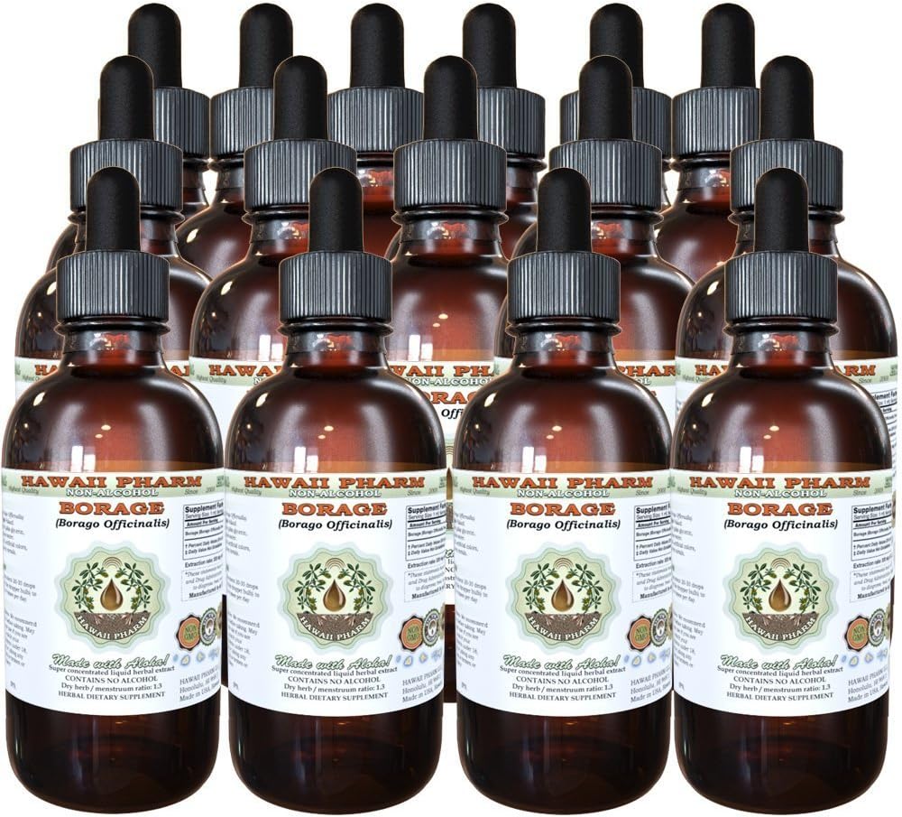 Borage Alcohol-Free Liquid Extract, Borage (Borago Officinalis) Dried Flower and Herb Glycerite Hawaii Pharm Natural Herbal Supplement 15x4 oz