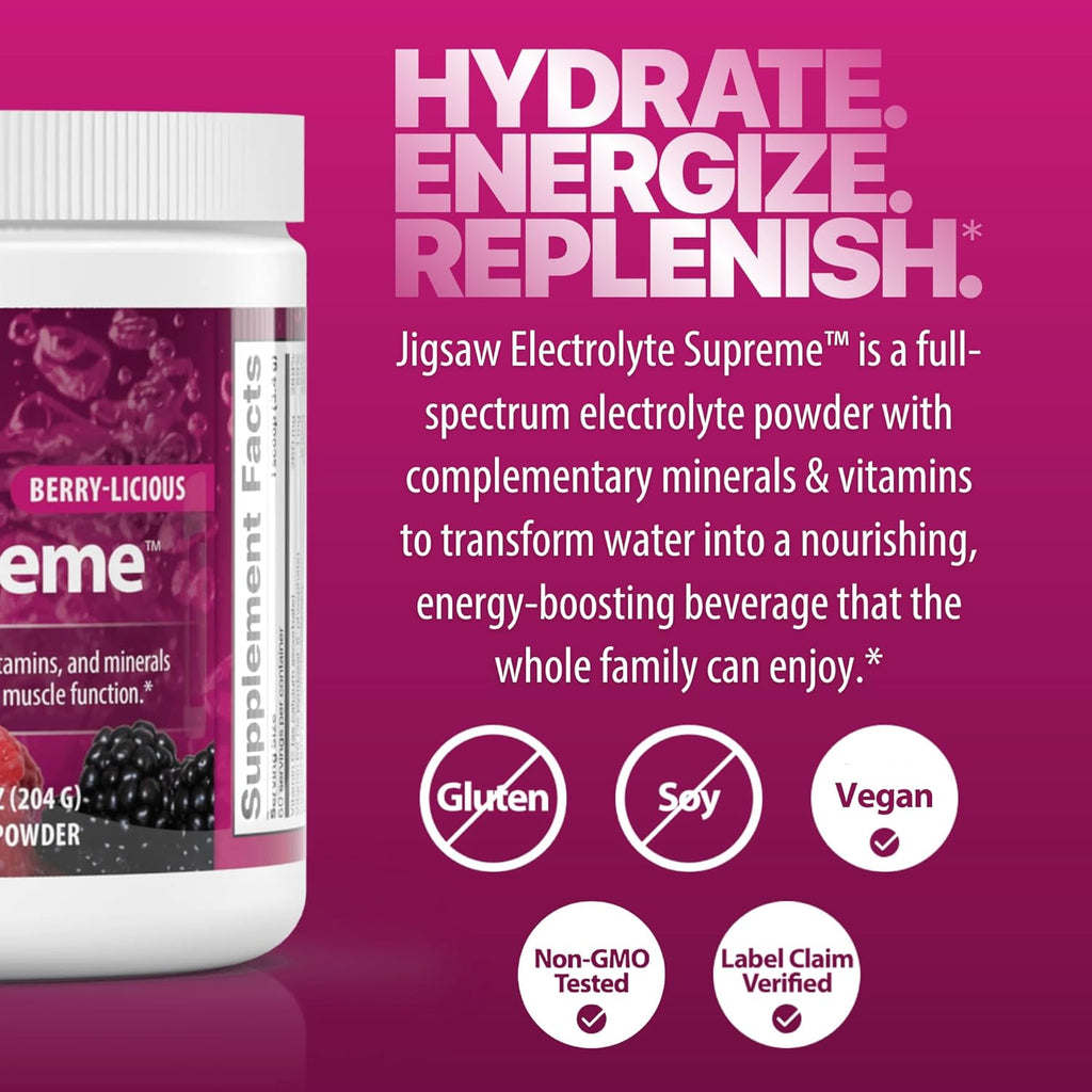 Jigsaw Health Electrolyte Supreme | Broad Spectrum of Electrolytes + Trace Minerals | Berry-Licious Flavor | 60 Servings (Jar)