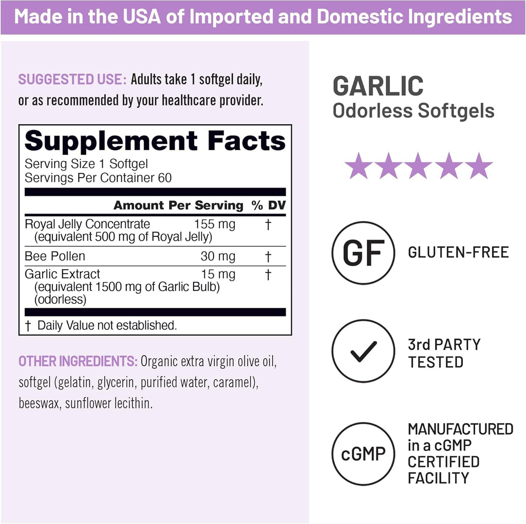NatureWise Odorless Garlic Pills 1500 mg - with Royal Bee Jelly & Pollen - Herbal Supplement for Heart Health + Immune System + Antioxidants - Gluten-Free, Non-GMO - 60 Softgels [2-Month Supply]