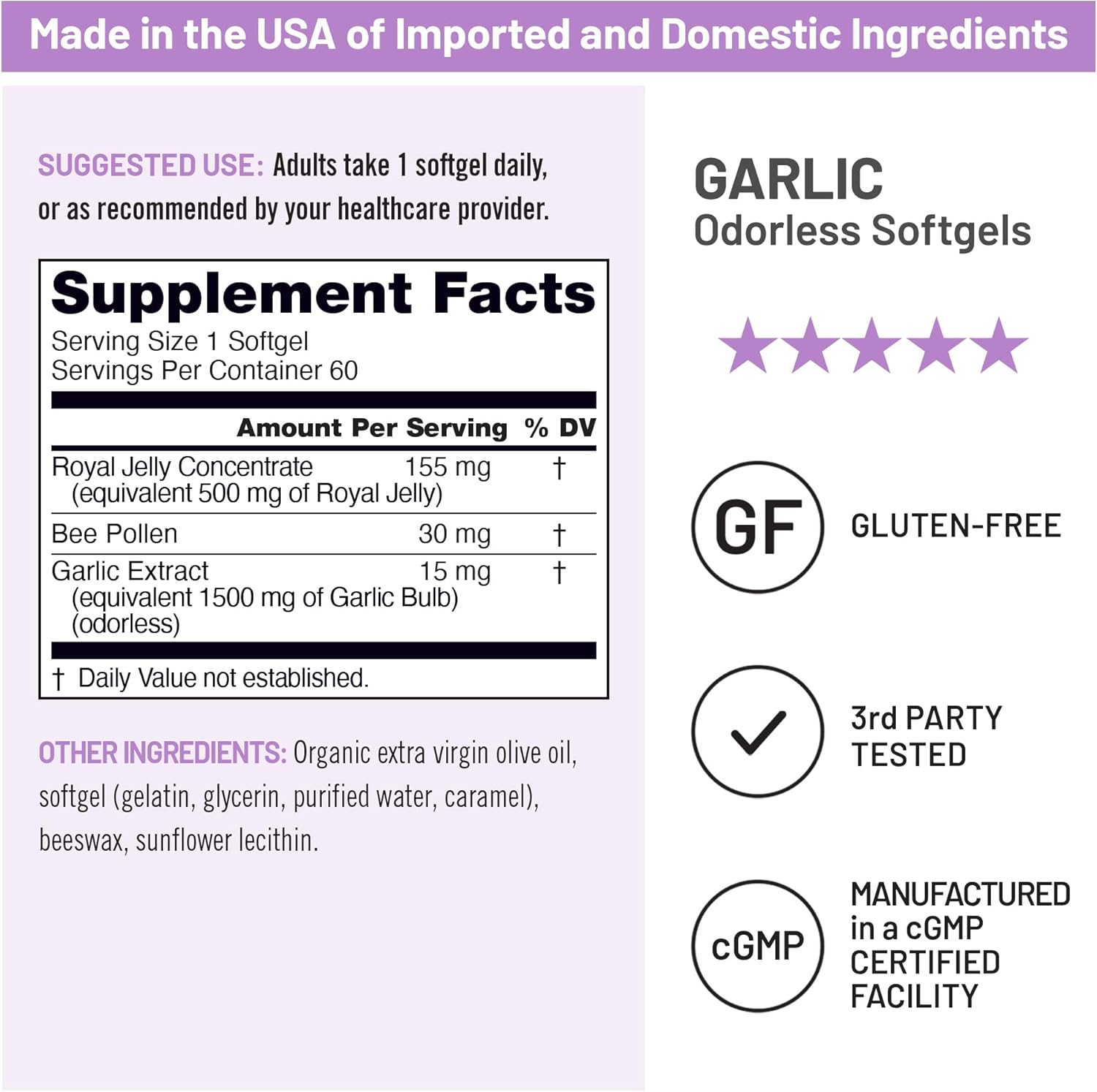 NatureWise Odorless Garlic Pills 1500 mg - with Royal Bee Jelly & Pollen - Herbal Supplement for Heart Health + Immune System + Antioxidants - Gluten-Free, Non-GMO - 60 Softgels [2-Month Supply]