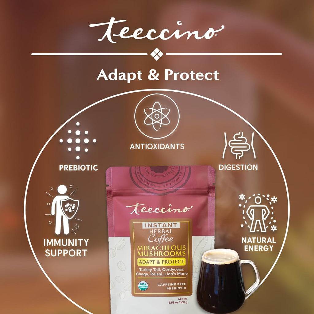 Miraculous Mushrooms Instant Adapt & Protect Herbal Coffee By Teeccino – 33 servings - Microground Herbs plus Reishi, Lion’s Mane, Chaga, Turkey Tail, Cordyceps - Caffeine Free, Prebiotic - 3.53 ounces