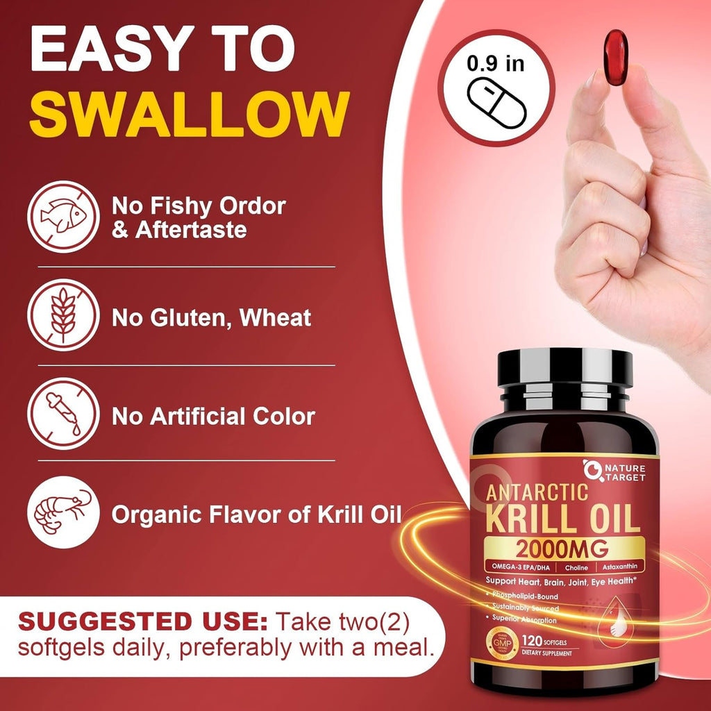NATURE TARGET Krill Oil 2000 mg with Omega-3 EPA & DHA with Astaxanthin Supplement, Choline - Supports Heart, Brain, Join, Eye Health, Non-GMO, Gluten Free, 120 Softgels (60 Servings)