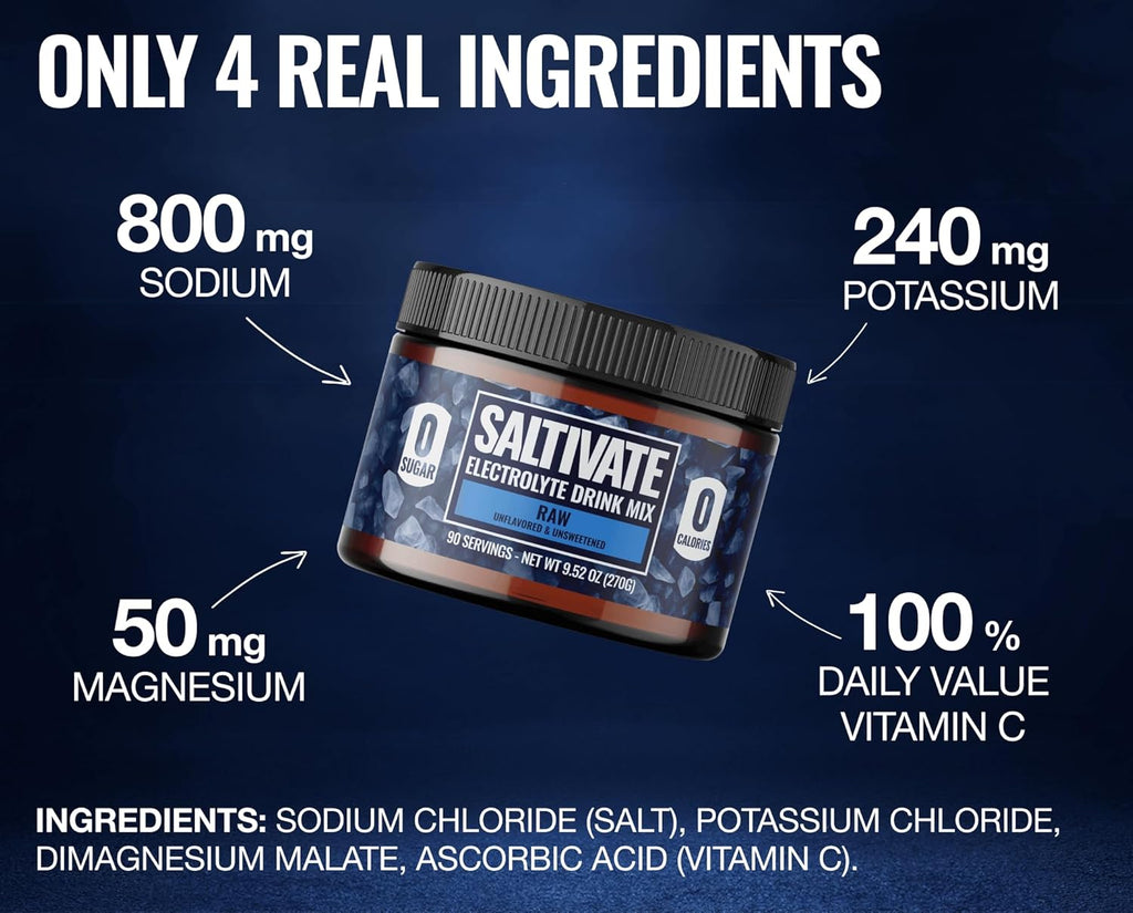 Unflavored Electrolytes | High Sodium, Potassium, Magnesium | Clean Hydration - No Sugar, Stevia, Citric Acid or Maltodextrin | Bulk Raw Electrolyte Powder 90 Servings | HSA FSA | Made in USA