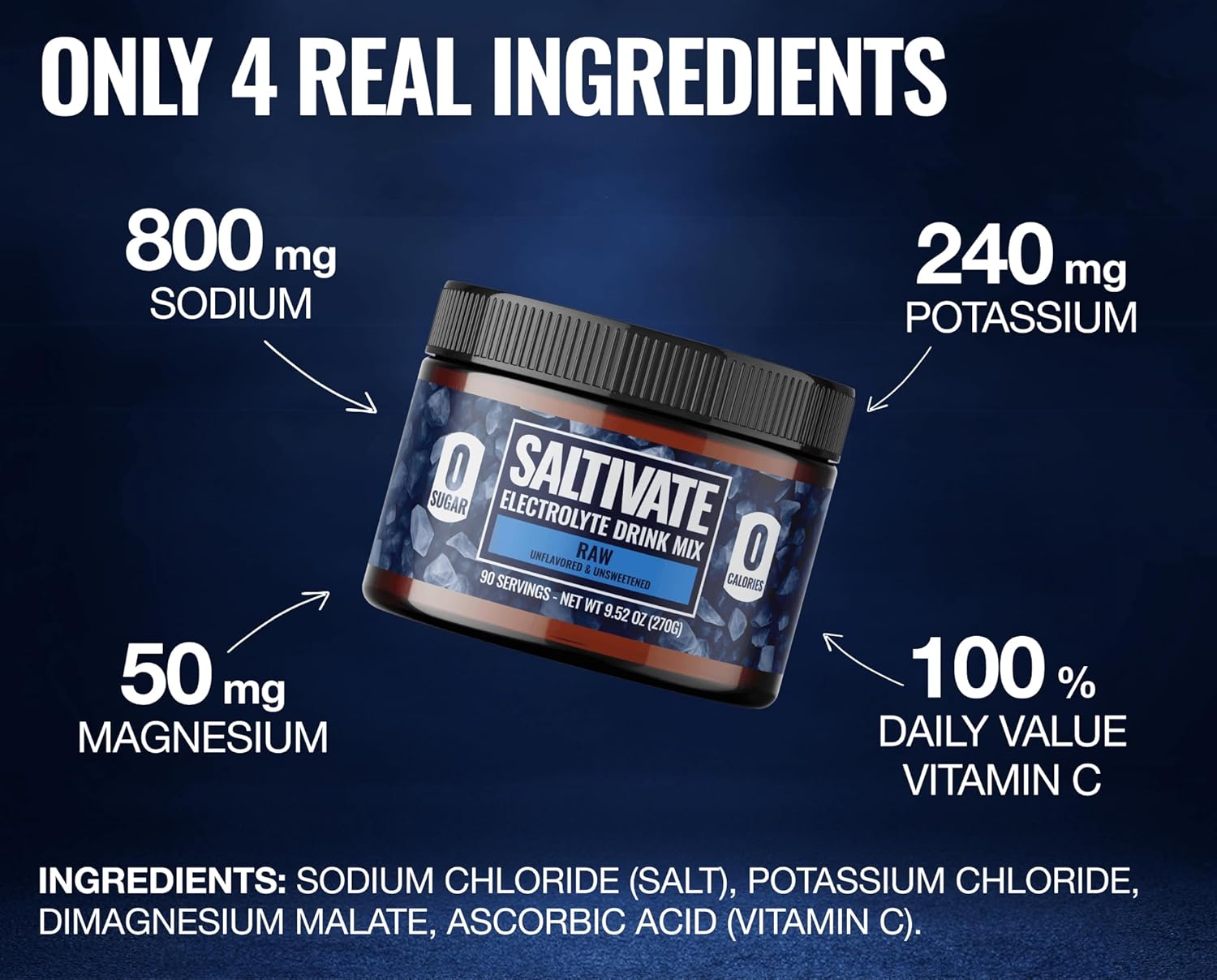 Unflavored Electrolytes | High Sodium, Potassium, Magnesium | Clean Hydration - No Sugar, Stevia, Citric Acid or Maltodextrin | Bulk Raw Electrolyte Powder 90 Servings | HSA FSA | Made in USA