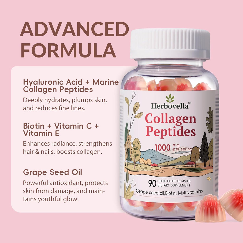 Marine Collagen Peptides Gummies for Women- Hydrolyzed Collagen Peptides 1000mg with Biotin, Vitamins, Hyaluronic Acid- for Skin Hair Nails -Sugar Free, 30 Servings, Peach Flavor