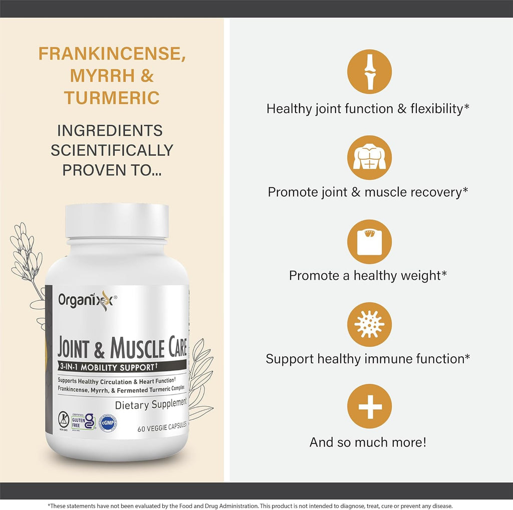 Organixx Joint & Muscle Care Organic Turmeric Supplement, 3-in-1 Frankincense, Turmeric and Myrrh Joint Health & Joint Support Supplement Body Care Capsules, Supports Swelling, Tension, 60 Capsules