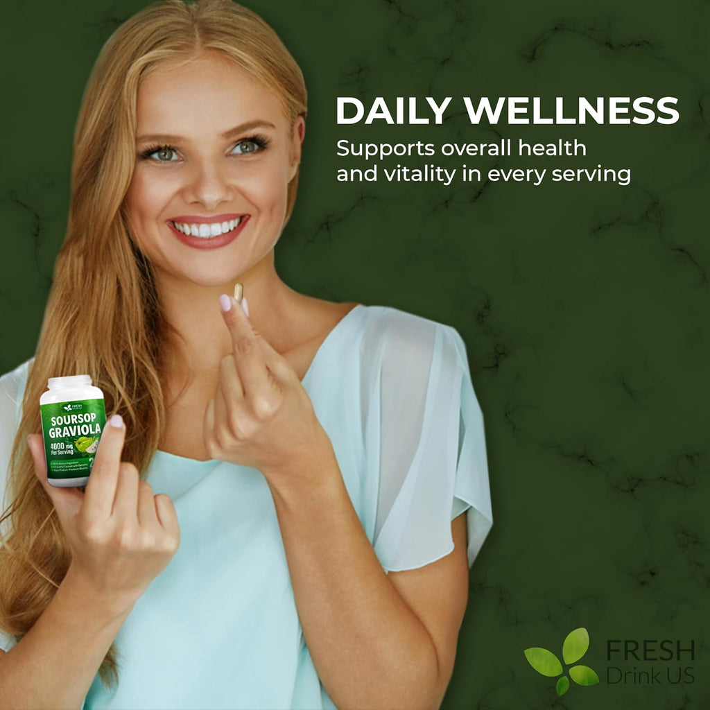 FRESHDRINKUS, Premium 200 Soursop Capsules, 4000mg per Serving, 100 Days Supply – 100% from Natural Soursop Graviola Fruits and Leaves Extract, Vegan Capsules, Non-GMO, Gluten-Free.