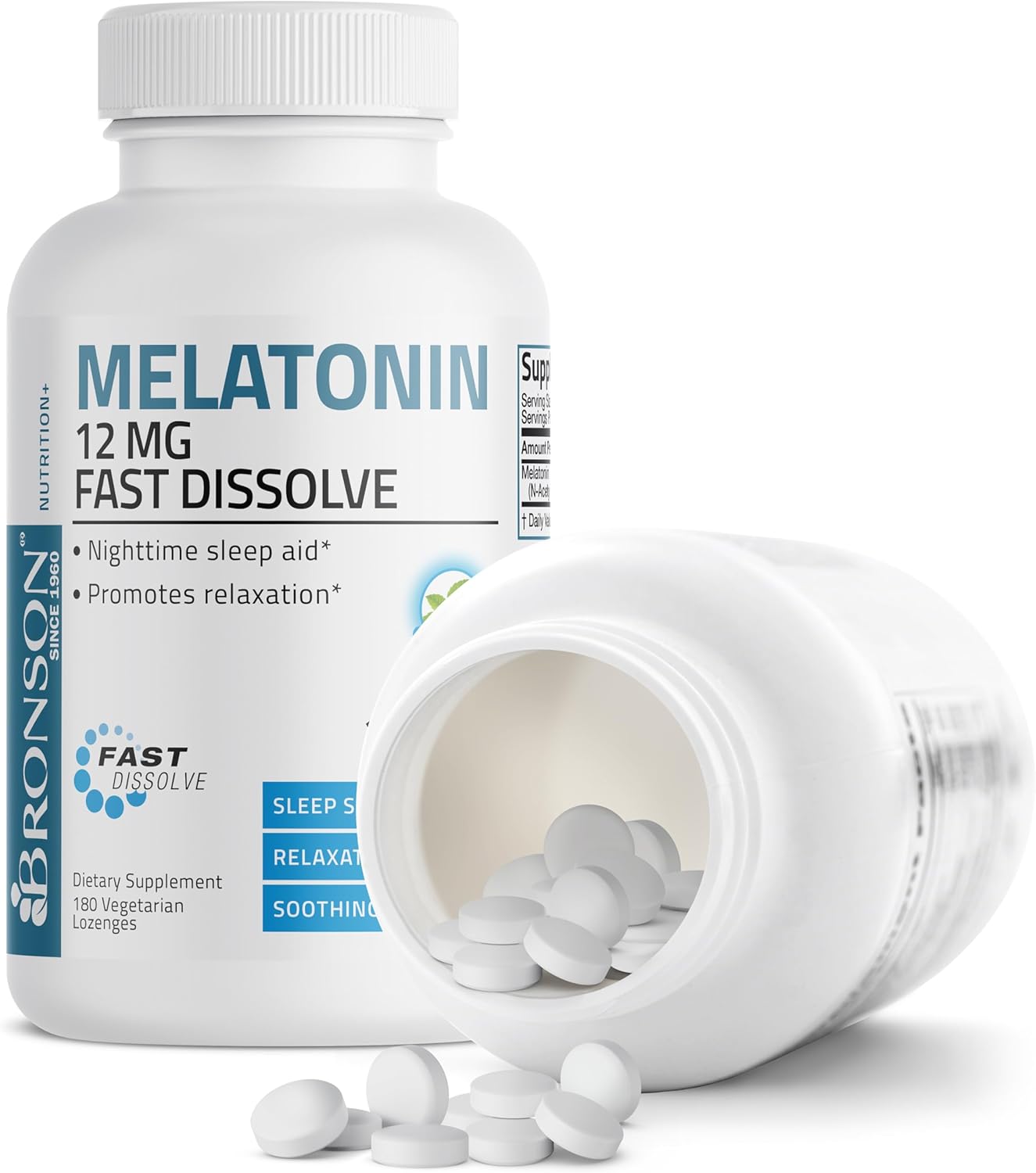 Bronson Melatonin 12mg Fast Dissolve Nighttime Sleep Aid Support & Relaxation Support, 180 Peppermint Vegetarian Lozenges