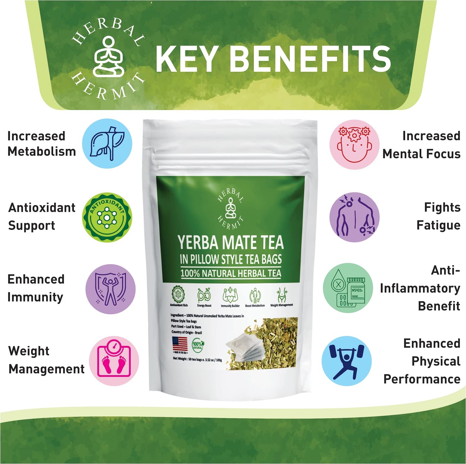 Herbal Hermit Yerba Mate herbal-teas with 50 tea bags Natural Yerba Matte Rich in Chlorophyll, Made in USA