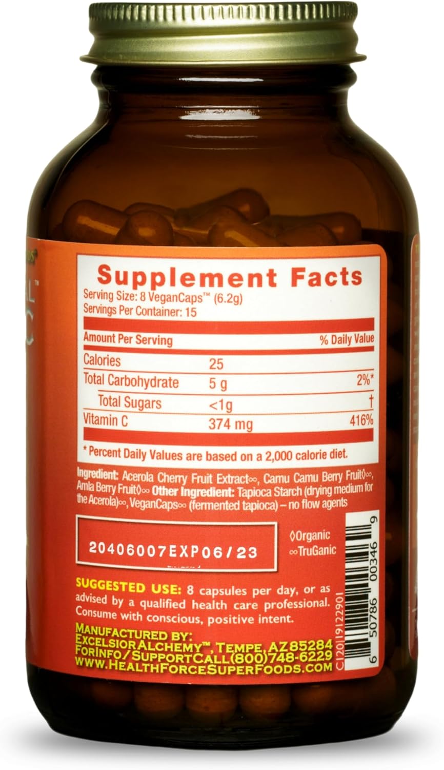 HEALTHFORCE SUPERFOODS Truly Natural Vitamin C - Immune Support Supplement with Camu Camu Berry - Vitamin C Supplement for Immune Health - Vegan, Non-GMO - 120 Vegan Caps, 15 Servings