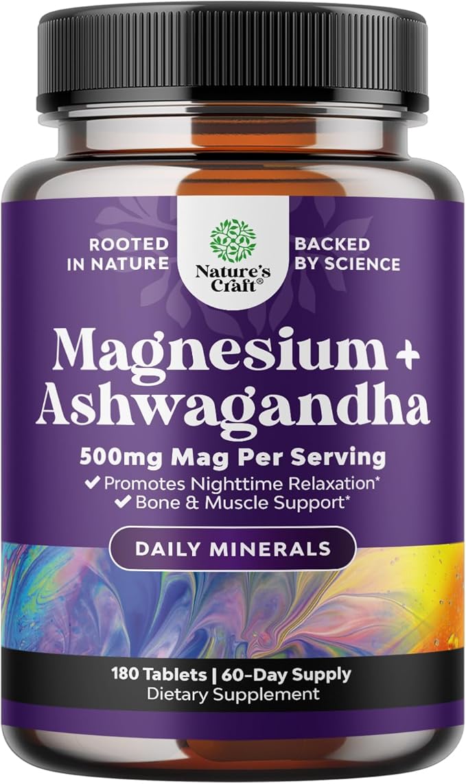 Pure Calm Relaxing Magnesium Glycinate Supplement with Ashwagandha - Magnesium for Stress Support & Rest Ease for Adults - High Absorption Tablets for Bone Support & Muscle Cramps - 180 Count