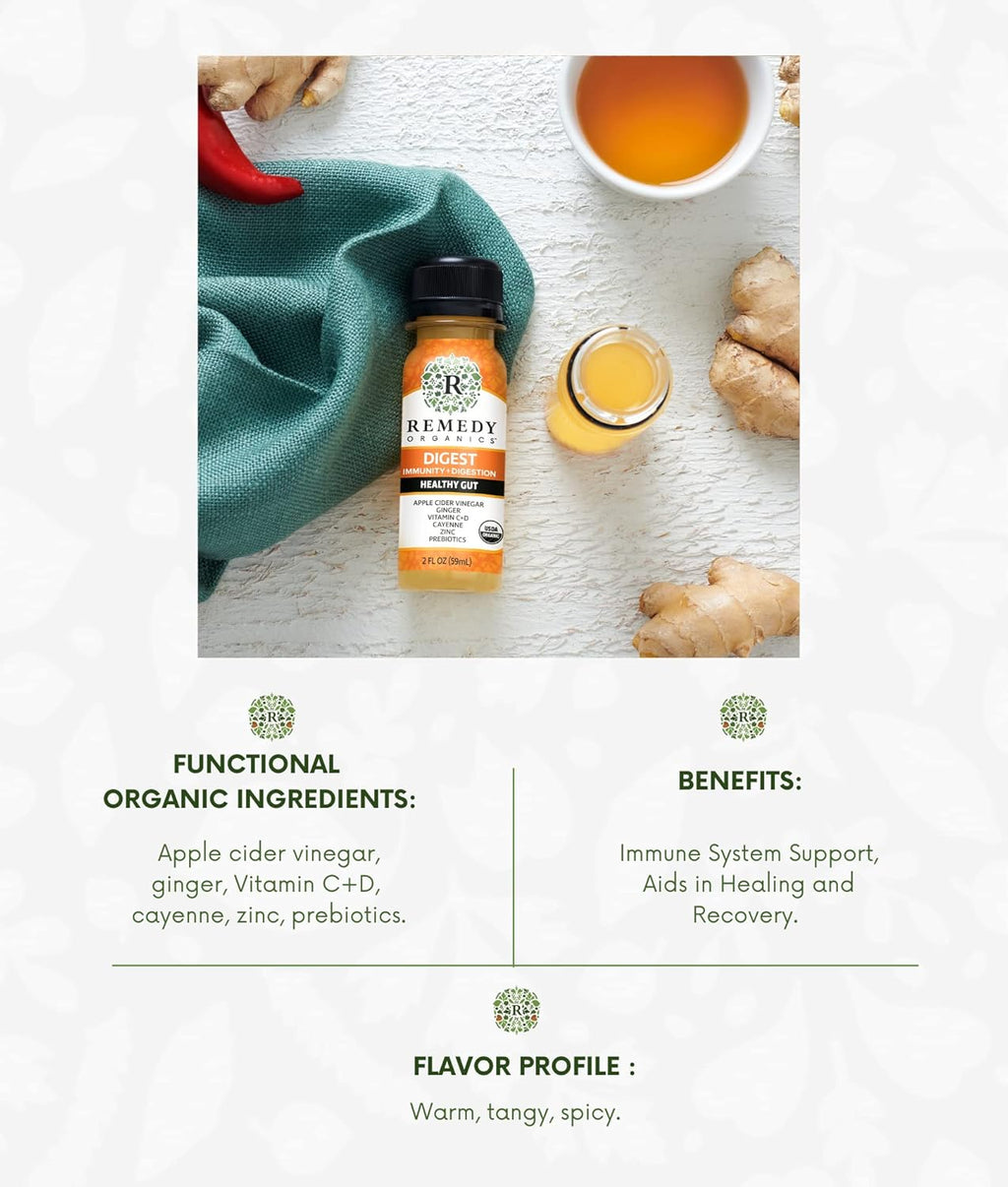 Remedy Organics Immunity Plus Shot, Digest 24-Pack | Boost Energy, Brain Function, Detoxification, and Metabolism | Certified-Organic Ingredients