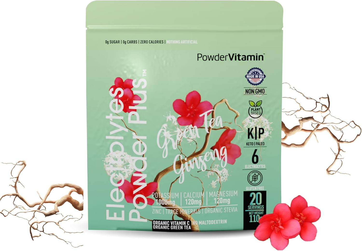 PowderVitamin Electrolytes Powder Plus (20 Servings) Green Tea Ginseng Electrolyte Powder Keto, Sugar Free, Pink Himalayan Salt,1000mg Potassium,120mg Calcium,120mg Magnesium, Hydration Powder