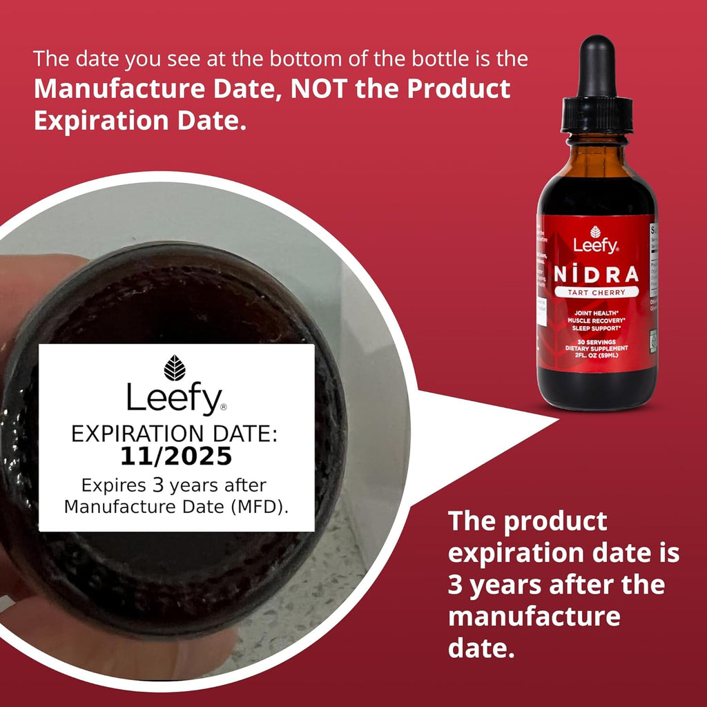 Leefy Organics Tart Cherry Supplement Nidra - Fast Absorbing, Non-GMO, Gluten-Free - Promotes Recovery, Joint Support, Sleep & Circulation for Adults - 2 Oz