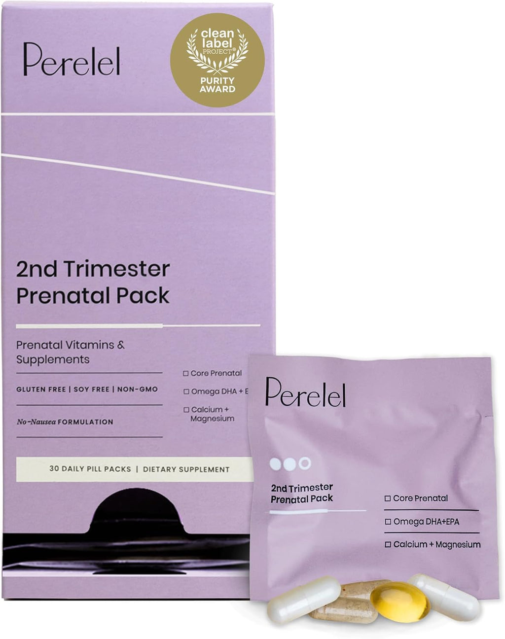 Perelel 2nd Trimester Prenatal Pack, Multivitamin with Magnesium, Omega 3, Iron & Calcium, Nutritional Support for Second Trimester Wellness, Soy & Gluten Free, Non GMO, 30 Daily Pill Packs