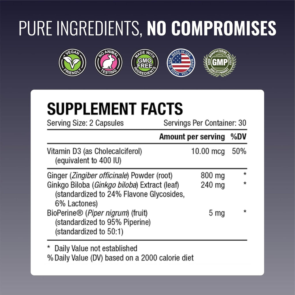 Approved Science VertiSyl - Ginkgo Biloba, Ginger, Vitamin D3, BioPerine - 30 Capsules - 1 Month Supply