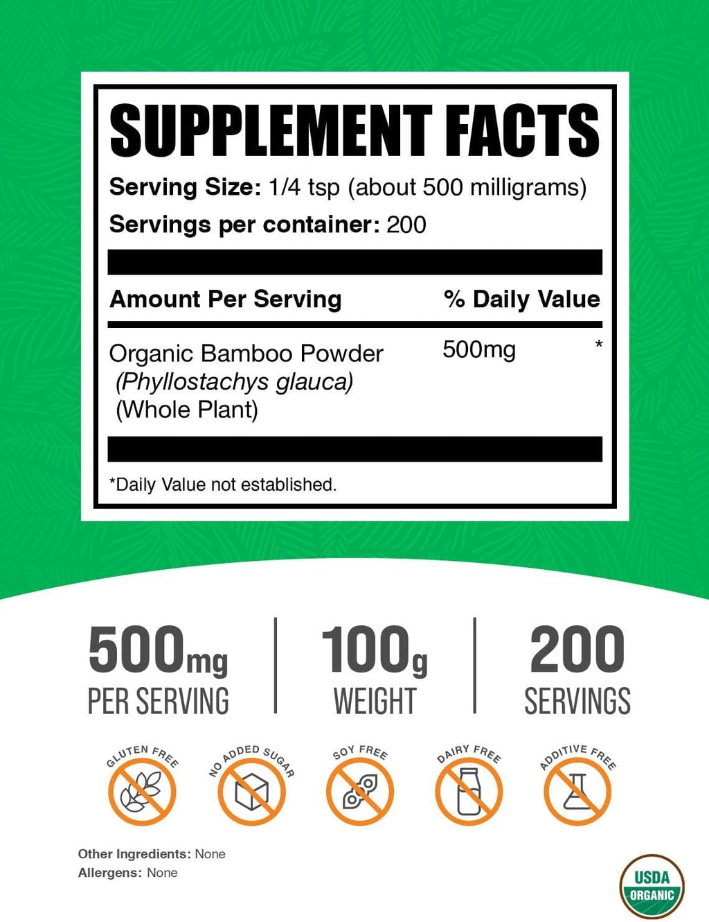 BulkSupplements.com Organic Bamboo Powder - Silica Supplements, Bamboo Supplement, Gluten Free - 500mg per Serving, 100g (3.5 oz) (Pack of 1)