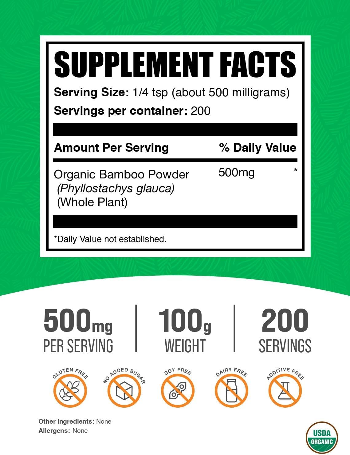 BulkSupplements.com Organic Bamboo Powder - Silica Supplements, Bamboo Supplement, Gluten Free - 500mg per Serving, 100g (3.5 oz) (Pack of 1)