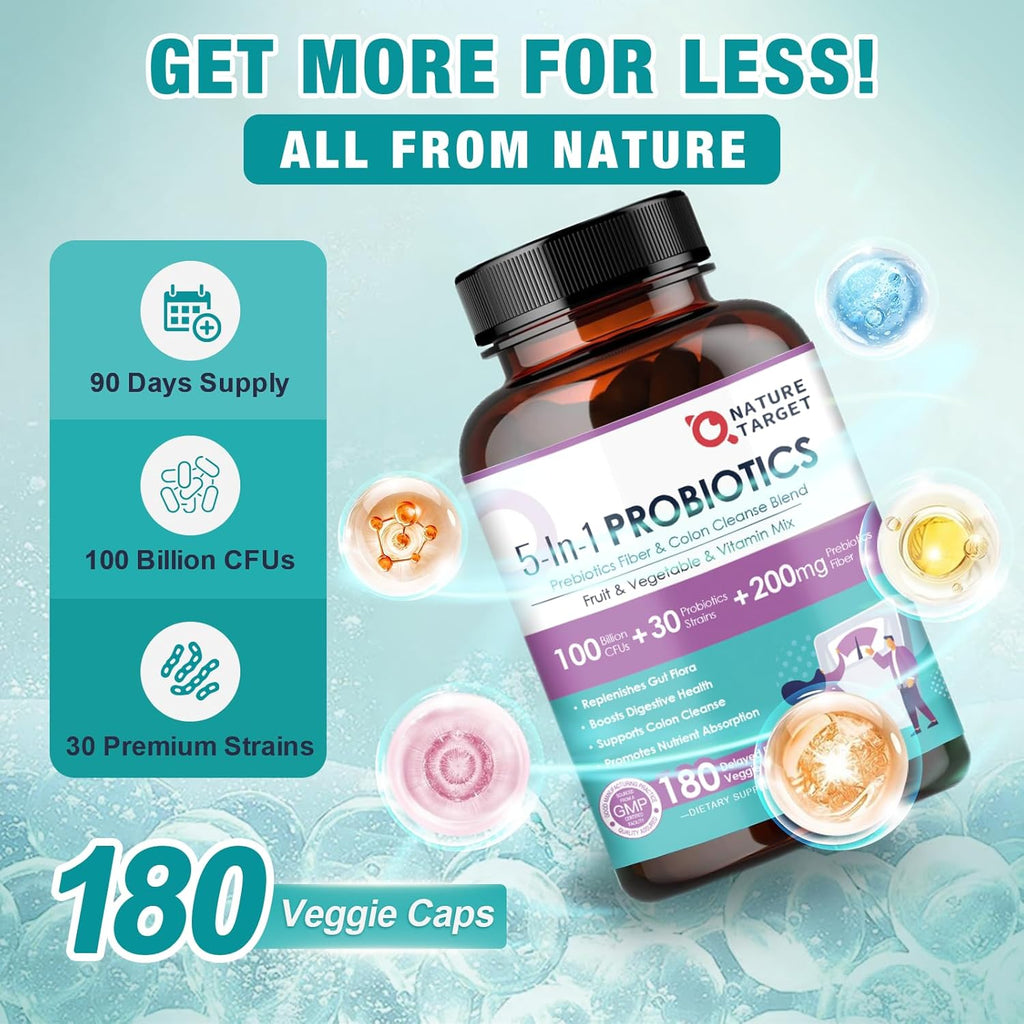 NATURE TARGET Probiotics for Women-Men Digestive Health, Mens-Womens Probiotic with Prebiotics, 100 Billion CFUs for Gut and Immune Health, 180 Veggie Capsules (90 Days Supply)