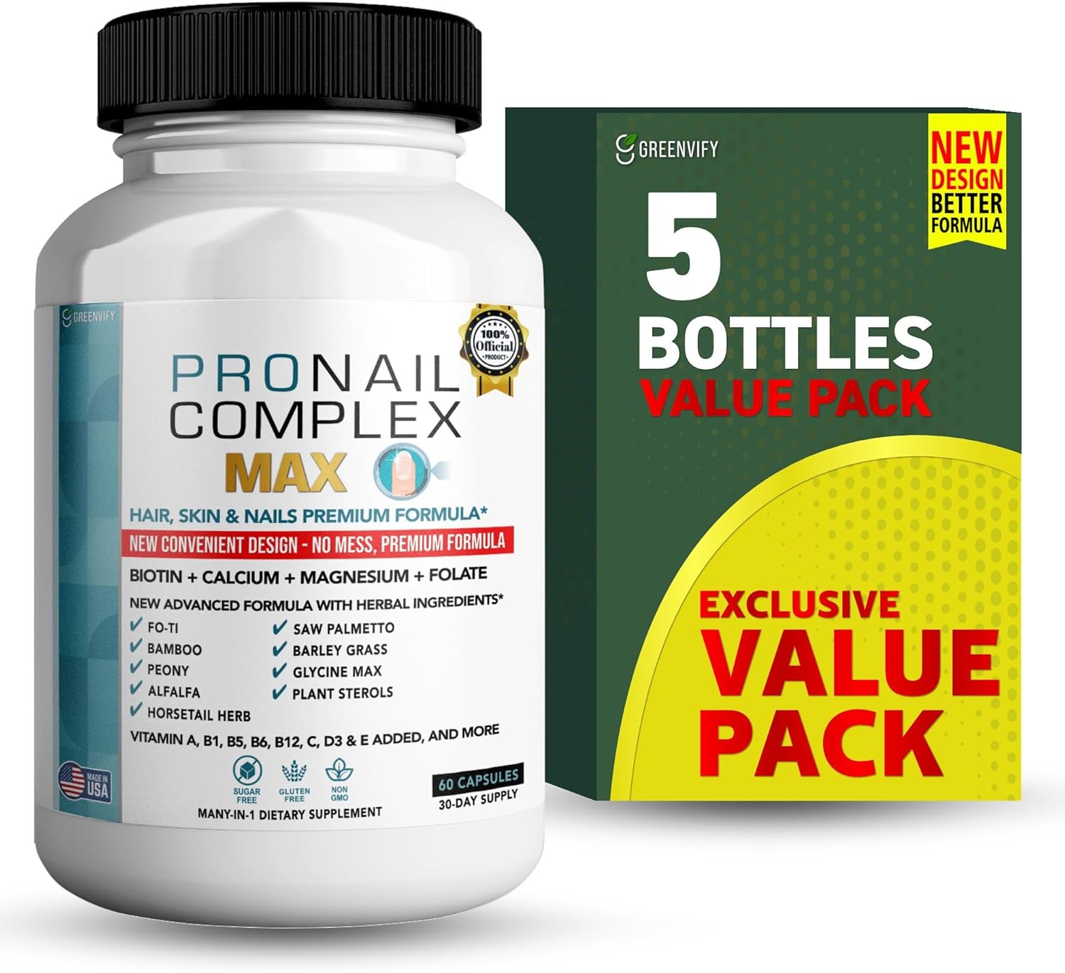 ProNail Complex Max Hair, Skin & Nails Premium Supplement with Biotin & Herbal Blend, 60 Capsules, 30 Day Supply (5)