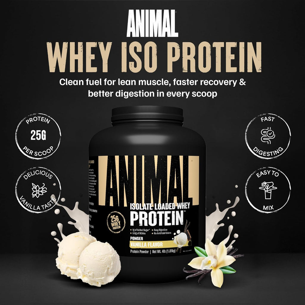 Animal Whey Isolate Protein Powder - Loaded for Pre & Post Workout Muscle Builder and Recovery with Digestive Enzymes for Men & Women - 25g Protein, Great Taste, Low Sugar - Vanilla 4 lbs