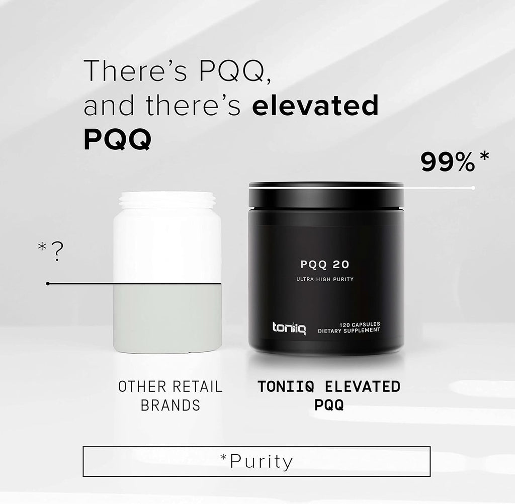 Toniiq 99%+ 20mg Supplement - Ultra High Purity PQQ 20mg Concentrated Formula - PQQ 20 mg 120 Capsules - Pyrroloquinoline Quinone Supplement - 1 Capsule Serving - Vegetarian Capsules