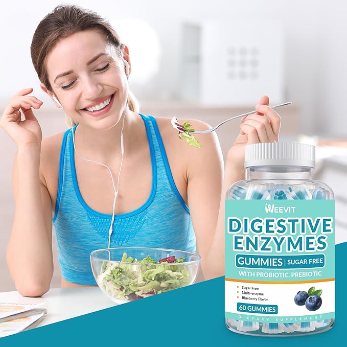 Digestive Enzymes Gummies, Chewable Digestive Enzymes Gummy with Probiotics & Prebiotics Blend for Women Men, Sugar Free | Vegan | Blueberry Flavored
