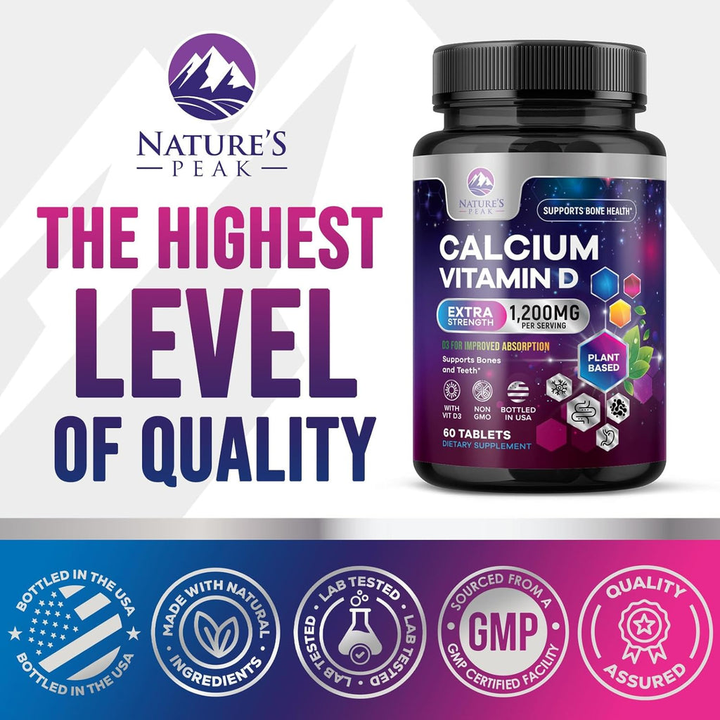 Calcium 1200 mg with Vitamin D3, Calcium Supplement Vitamins, Bone, Teeth & Immune Health Support, Calcium Supplements with D for Women & Men, Nature's Absorbable Calcium Carbonate - 60 Tablets